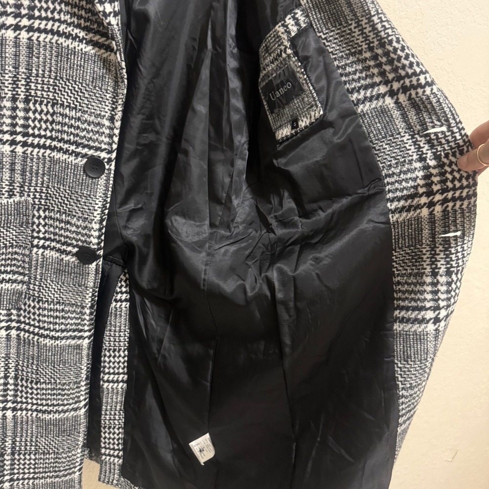 Uaneo Unisex Black White Plaid Wool Blend‎ Longline Coat Jacket RJ-C121 Small - Picture 8 of 16